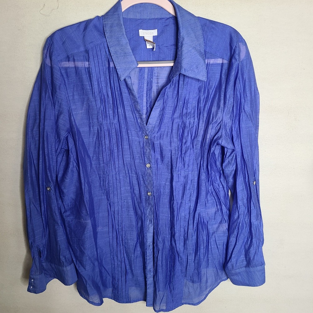 Chicos Blue Button Up Shirt Size 2 Long Sleeve Pleated Sheer Blouse